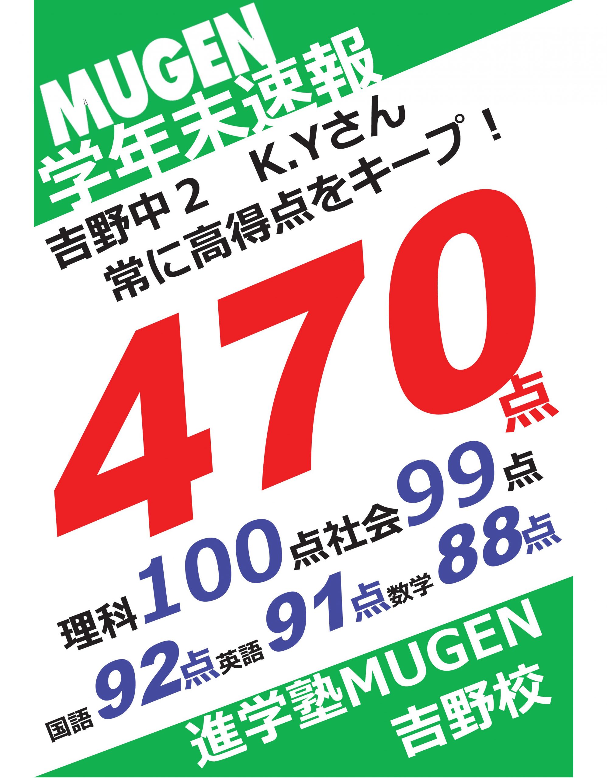 進学塾MUGEN　吉野校　学年末テスト速報　470点　高得点をキープ！